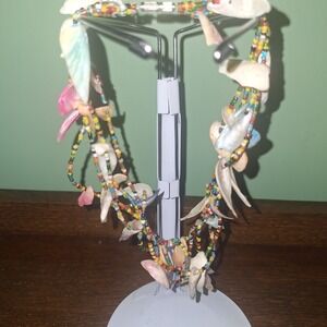 Vintage Shell & Seed Bead Multi Strand Necklace Barrel Clasp Boho Beach